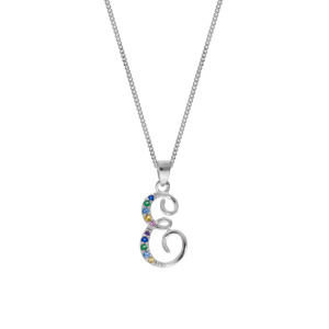 Collier en argent rhodi� cha�ne avec pendentif initiale E et oxydes multi couleurs sertis 42+3cm - Vue 2