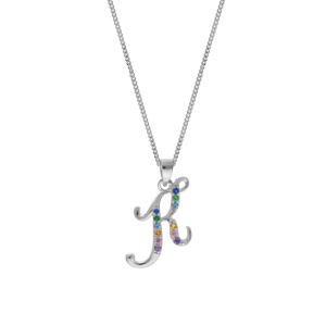 Collier en argent rhodi� cha�ne avec pendentif initiale K et oxydes multi couleurs sertis 42+3cm - Vue 2