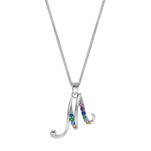 Collier en argent rhodi� cha�ne avec pendentif initiale M et oxydes multi couleurs sertis 42+3cm - Vue 2