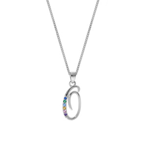 Collier en argent rhodi� cha�ne avec pendentif initiale O et oxydes multi couleurs sertis 42+3cm - Vue 2