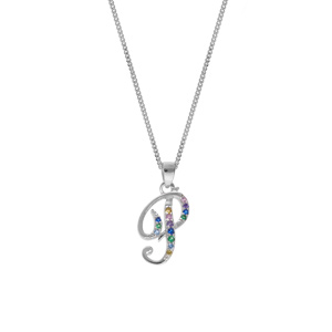 Collier en argent rhodi� cha�ne avec pendentif initiale P et oxydes multi couleurs sertis 42+3cm - Vue 2