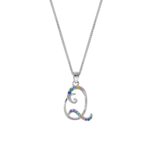 Collier en argent rhodi� cha�ne avec pendentif initiale Q et oxydes multi couleurs sertis 42+3cm - Vue 2