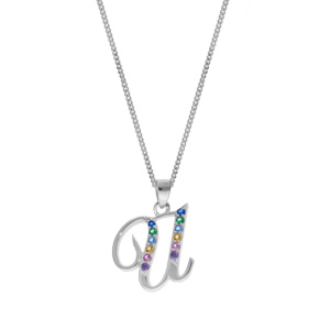 Collier en argent rhodi� cha�ne avec pendentif initiale U et oxydes multi couleurs sertis 42+3cm - Vue 2