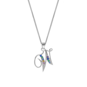 Collier en argent rhodi� cha�ne avec pendentif initiale W et oxydes multi couleurs sertis 42+3cm - Vue 2