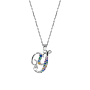 Collier en argent rhodi� cha�ne avec pendentif initiale Y et oxydes multi couleurs sertis 42+3cm - Vue 2