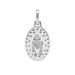 Pendentif en argent rhodi� M�daille ovale miraculeuse avec Vierge Marie et contour oxydes blancs sertis - Vue 2