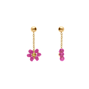 Boucles d\'oreille tige en acier dor pendante fleurs fushia - Vue 2