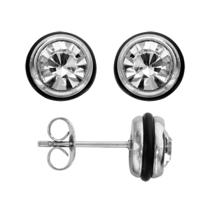 Boucles d\'oreilles en acier oxyde rond blanc serti clos grand mod�le et fermoir poussette - Vue 2