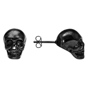 Boucles d\'oreilles tige en acier et PVD noir t�te de mort - 13 X 9mm - Vue 2