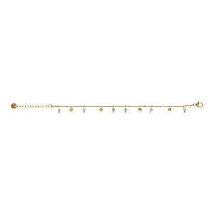 Bracelet en acier dor� pampilles pastilles et boules turquoise reconstitu�e - 16+3cm - Vue 2