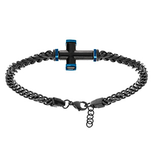 Bracelet en acier PVD noir maille gourmette avec croix PVD noir et bleu - 19.5+3cm - Vue 2