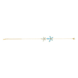 Bracelet en acier dor� deux fleurs en r�sine bleu - 16+3cm - Vue 2