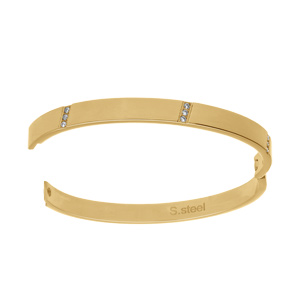 Bracelet en acier dor� rigide 7mm articul�e trois oxydes blancs en biais, 58mm - Vue 2