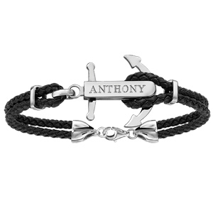 Bracelet en acier cordon en cuir noir doubl� avec ancre marine � personnaliser - longueur 19cm + 3cm de rallonge - Vue 2