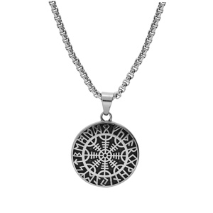 Collier en acier cha�ne avec pendentif patin� rond Viking 38mm symbole rune celtique 52+5cm - Vue 2
