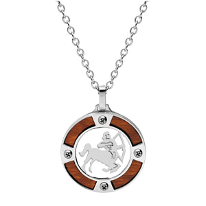 Collier en acier cha�ne avec pendentif rond zodiaque Sagittaire aspect bois clair et vis cruciforme 50+5cm - Vue 2