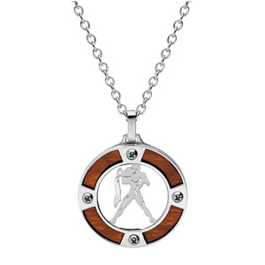 Collier en acier cha�ne avec pendentif rond zodiaque Verseau aspect bois clair et vis cruciforme 50+5cm - Vue 2