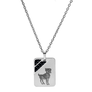 Collier en acier cha�ne avec pendentif rectangulaire zodiaque B�lier 2 bandes carbone 50+5cm - Vue 2