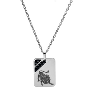 Collier en acier cha�ne avec pendentif rectangulaire zodiaque Lion 2 bandes carbone 50+5cm - Vue 2