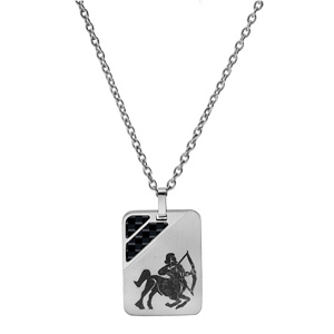 Collier en acier cha�ne avec pendentif rectangulaire zodiaque Sagittaire 2 bandes carbone 50+5cm - Vue 2
