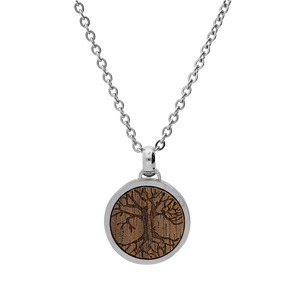 Collier en acier cha�ne avec pendentif centre bois motif arbre de vie 50+5cm - Vue 2