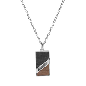 Collier en acier cha�ne avec pendentif rectangulaire aspect bois et bande en biais avec c�ble 50+5cm - Vue 2