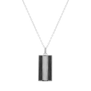 Collier en acier cha�ne avec pendentif rectangulaire motif croisillons et PVD noir 50+5cm - Vue 2
