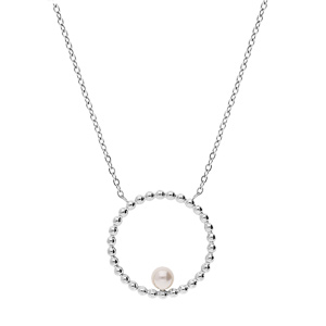 Collier en acier cha�ne avec pendentif rond boule avec perle de synth�se blanche 45+5cm - Vue 2