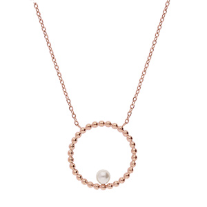 Collier en acier et PVD rose pendentif rond boule avec perle de synth�se blanche 45+5cm - Vue 2