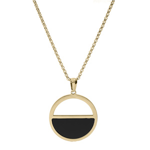 Collier en acier et PVD jaune cha�neavec pendentif anneau et demi cercle noir 42+4cm - Vue 2