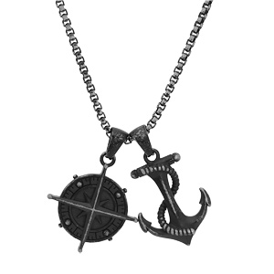 Collier en acier cha�ne avec 2 pendentifs patin�s 1 boussole et 1 ancre marine 55+10cm - Vue 2