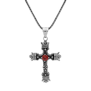 Collier en acier cha�ne avec pendentif croix patin� oxyde rouge serti 55+10cm - Vue 2