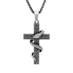 Collier en acier patin� cha�ne avec pendentif croix et serpent enroul� 50+10cm - Vue 2