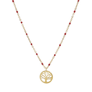 Collier en acier et PVD jaune cha�ne avec pendentif arbre de vie et olives couleur rouge 40+5cm - Vue 2