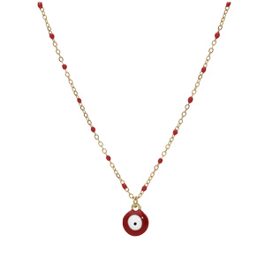 Collier en acier et PVD jaune cha�ne avec pendentif oeil de la chance et olives couleur rouge 40+5cm - Vue 2