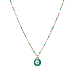 Collier en acier et PVD jaune cha�ne avec pendentif oeil de la chance et olives couleur vert 40+5cm - Vue 2
