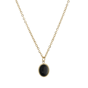 Collier en acier et PVD jaune cha�ne avec pendentif cabochon couleur noir 40+5cm - Vue 2