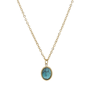 Collier en acier et PVD jaune cha�ne avec pendentif cabochon turquoise de synth�se 40+5cm - Vue 2