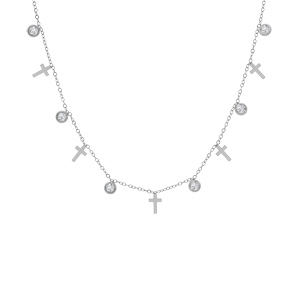 Collier en acier cha�ne avec pampilles croix et oxydes blancs sertis 39+5cm - Vue 2