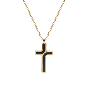 Collier en acier et PVD jaune cha�ne maille forcat avec pendentif croix 35 x 25mm motifs noirs longueur 55+5cm - Vue 2