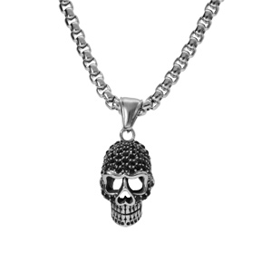 Collier en acier pendentif t�te de mort oxydes noirs 50+5cm - Vue 2