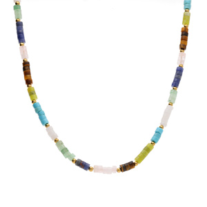 Collier en acier rondelles sodalite, olivine, quartz, oeil de tigre v�ritable et turquoise imitation 40+5cm - Vue 2
