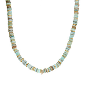 Collier en acier et PVD dor� rondelles coquillage teint� bleu 35+9cm - Vue 2