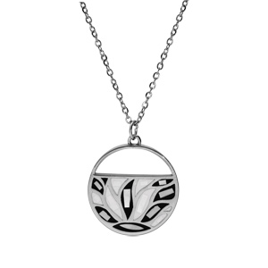 Collier Stella Mia en acier cha�ne avec pendentif rond motifs nacre blanche et noirs longueur 45+5cm - Vue 2