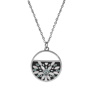 Collier Stella Mia en acier chane avec pendentif rond diamtre 22mm motifs ptales en rsine et nacre - 45+5cm - Vue 2