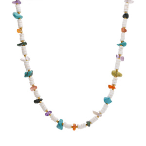 Collier en acier rondelles coquillage avec am�thyste, agate rouge, obsidienne et turquoise imitation 40+5cm - Vue 2