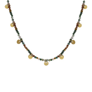 Collier en acier et PVD dor� verre et agate verte v�ritable avec pampilles pastilles 38+7cm - Vue 2