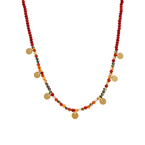 Collier en acier et PVD dor� verre et pierre rouge v�ritable avec pampilles pastilles 38+7cm - Vue 2