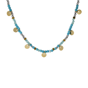 Collier en acier et PVD dor� verre et pierre turquoise imitation avec pampilles pastilles 38+7cm - Vue 2