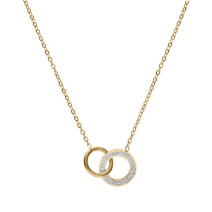 Collier en acier PVD dor� double cercle entrelac�s r�sine et strass blancs 41+5cm - Vue 2